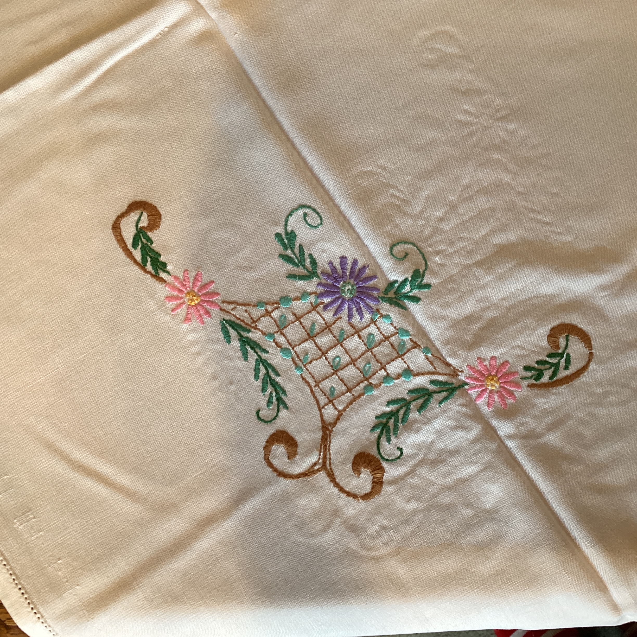 Vintage embroidered tablecloth - baskets of flowers